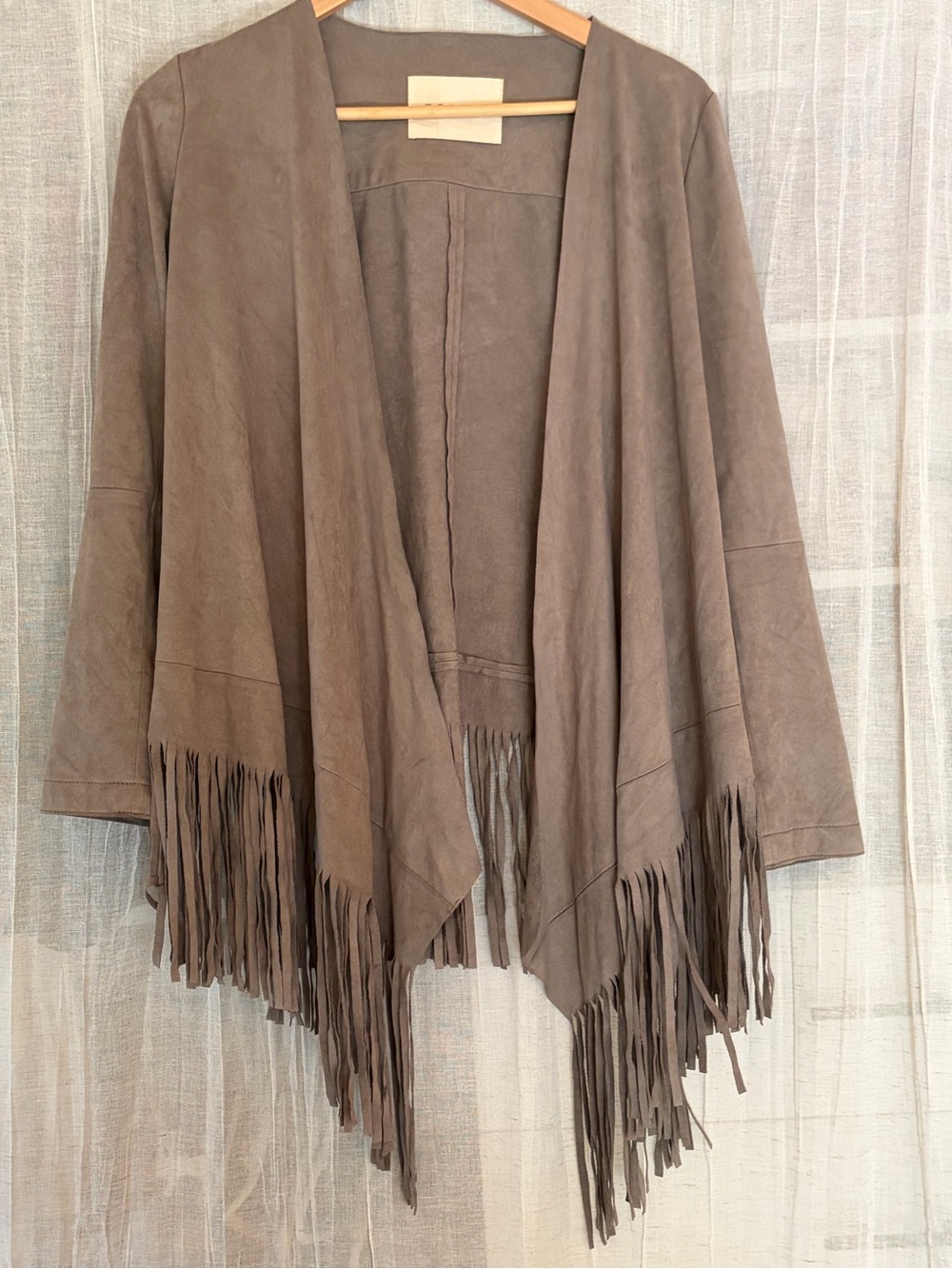 Poshmark Title: Esprit Taupe Faux Suede Fringe Cardigan Size Small